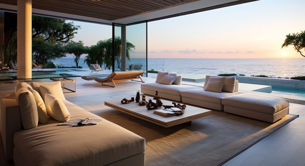 Geräumiges, modernes Wohnzimmer mit großer Glasfront und dem Meer im Hintergrund